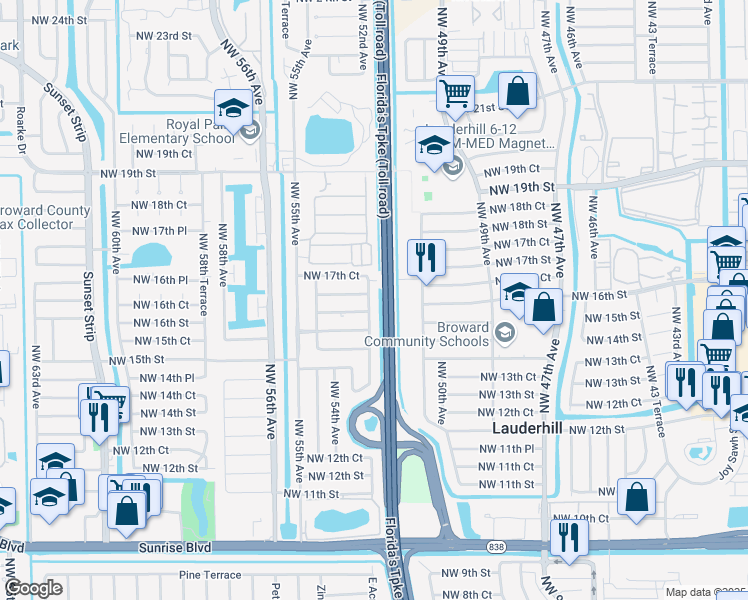 map of restaurants, bars, coffee shops, grocery stores, and more near 1640 Northwest 52nd Avenue in Lauderhill