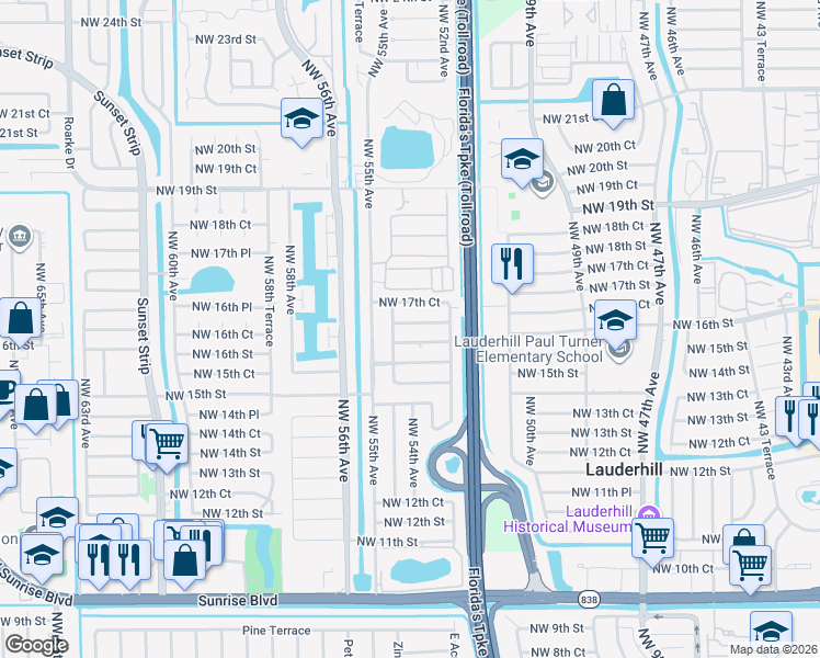 map of restaurants, bars, coffee shops, grocery stores, and more near 5321 Northwest 16th Court in Lauderhill