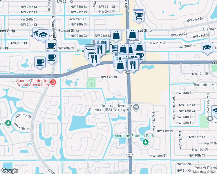 map of restaurants, bars, coffee shops, grocery stores, and more near 1641 Northwest 81st Way in Plantation