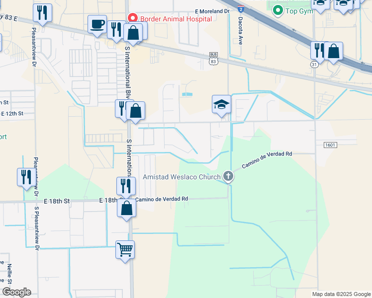 map of restaurants, bars, coffee shops, grocery stores, and more near 3820 Camino Real Viejo Road in Weslaco