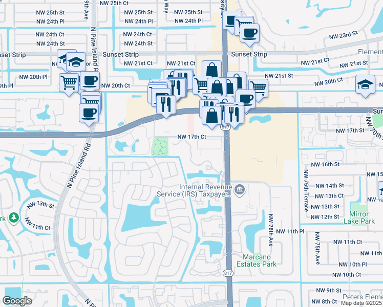 map of restaurants, bars, coffee shops, grocery stores, and more near 1641 Northwest 81st Way in Plantation