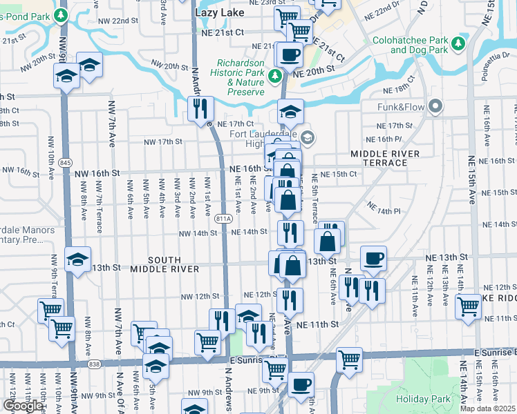 map of restaurants, bars, coffee shops, grocery stores, and more near 1429 Northeast 3rd Avenue in Fort Lauderdale