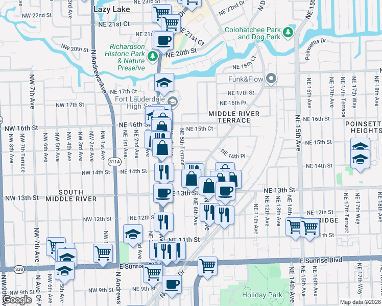 map of restaurants, bars, coffee shops, grocery stores, and more near 540 Northeast 14th Place in Fort Lauderdale