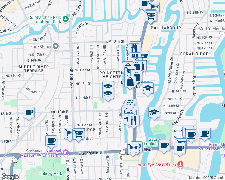 map of restaurants, bars, coffee shops, grocery stores, and more near 1755 Northeast 14th Street in Fort Lauderdale