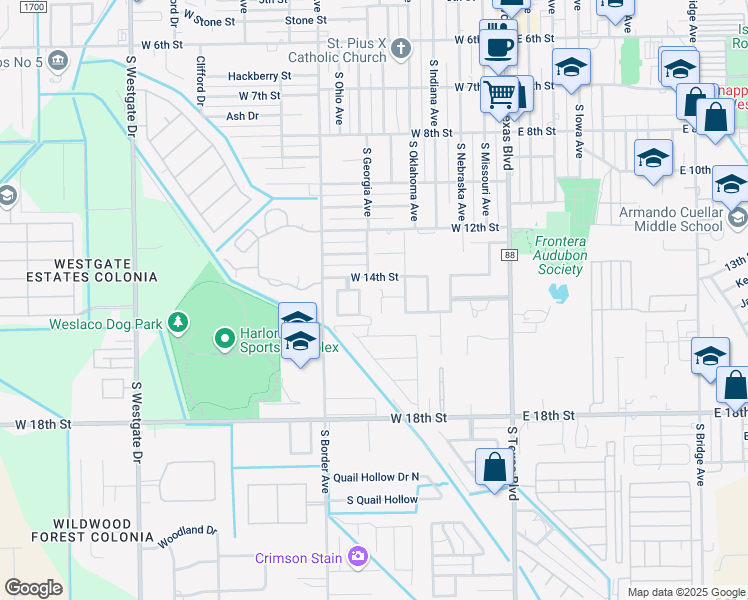 map of restaurants, bars, coffee shops, grocery stores, and more near 1413 La Ciniega Drive in Weslaco