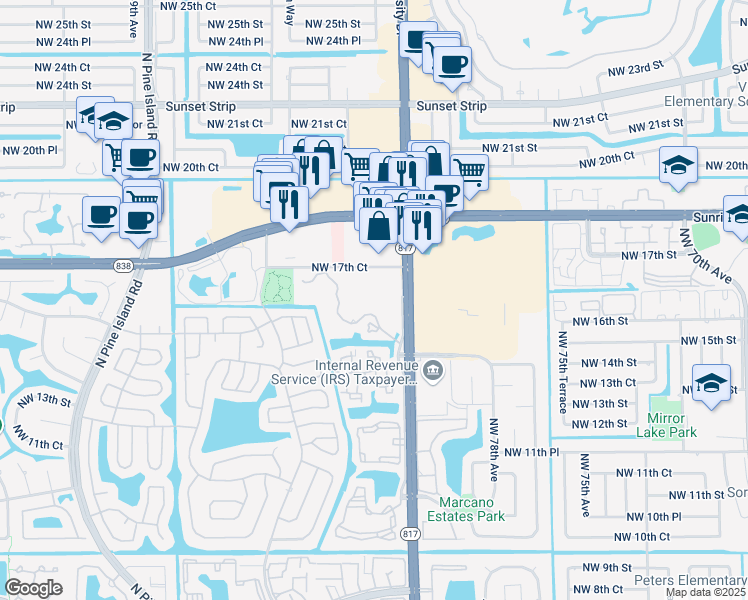 map of restaurants, bars, coffee shops, grocery stores, and more near 1701 North University Drive in Plantation