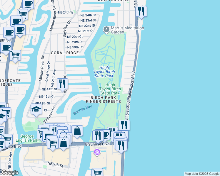 map of restaurants, bars, coffee shops, grocery stores, and more near 3109 East Sunrise Boulevard in Fort Lauderdale