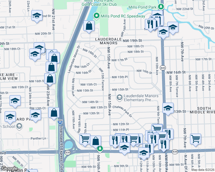 map of restaurants, bars, coffee shops, grocery stores, and more near 1500 Northwest 15th Terrace in Fort Lauderdale