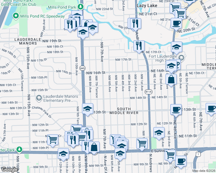 map of restaurants, bars, coffee shops, grocery stores, and more near 1432 Northwest 7th Avenue in Fort Lauderdale