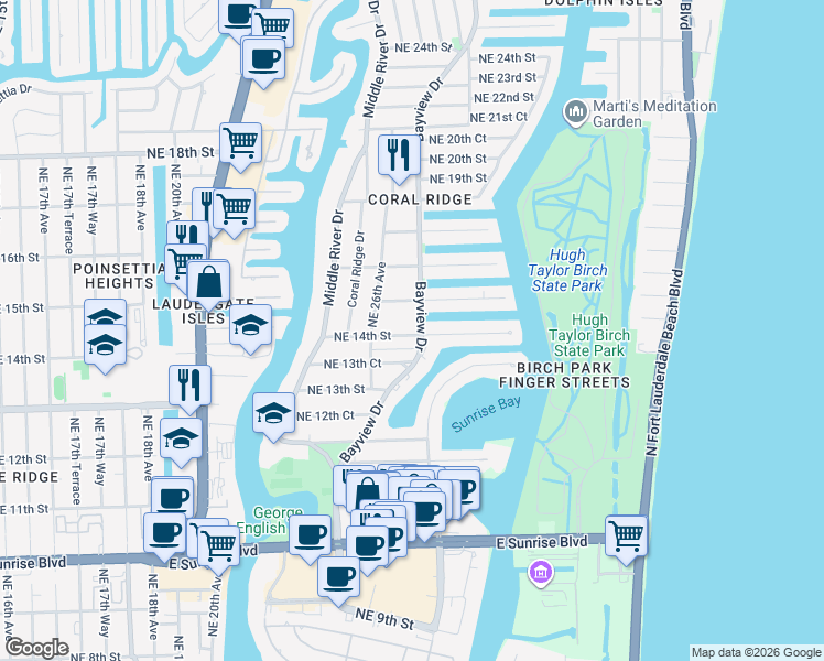 map of restaurants, bars, coffee shops, grocery stores, and more near 1353 Bayview Drive in Fort Lauderdale