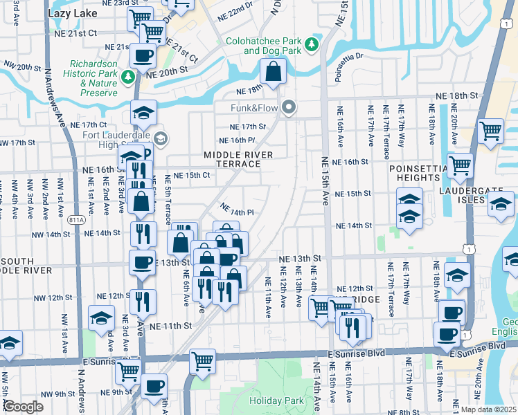 map of restaurants, bars, coffee shops, grocery stores, and more near 1430 Holly Heights Drive in Fort Lauderdale