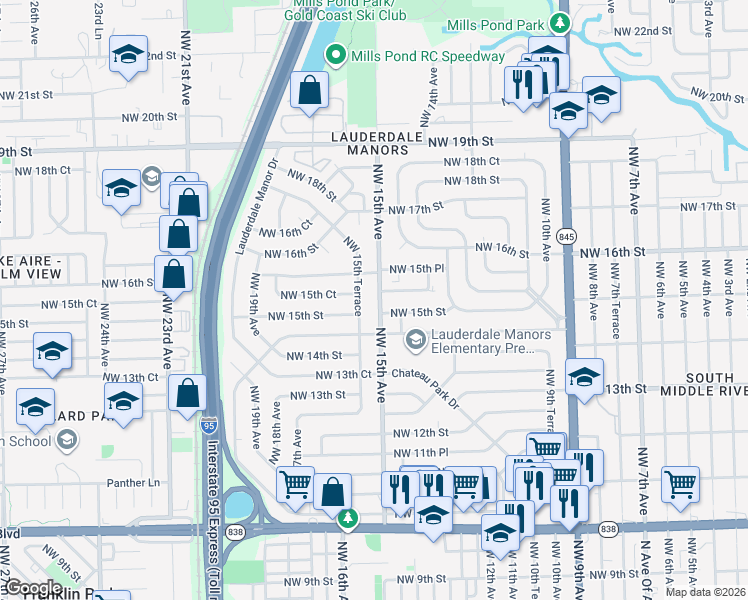 map of restaurants, bars, coffee shops, grocery stores, and more near 1500 Northwest 15th Terrace in Fort Lauderdale
