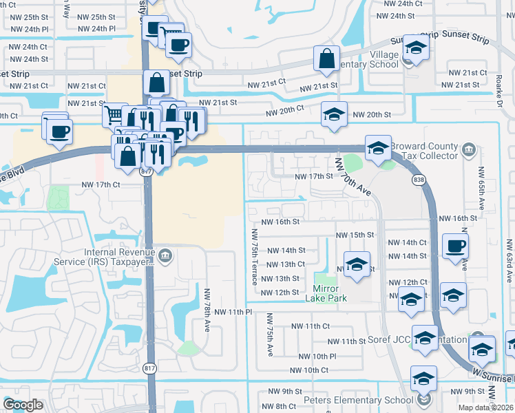 map of restaurants, bars, coffee shops, grocery stores, and more near 7501 Northwest 16th Street in Plantation