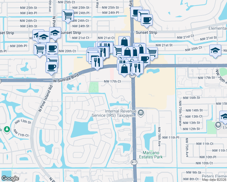 map of restaurants, bars, coffee shops, grocery stores, and more near 1641 Northwest 81st Way in Plantation