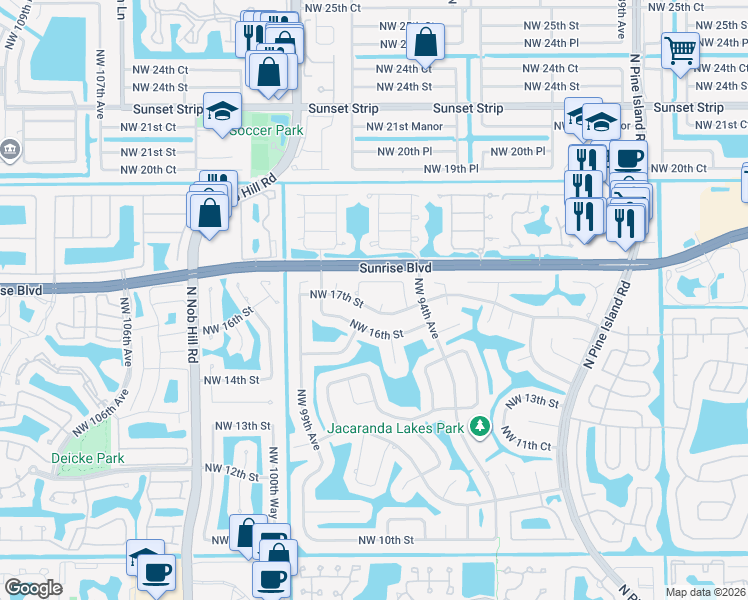map of restaurants, bars, coffee shops, grocery stores, and more near 9690 Northwest 17th Street in Plantation