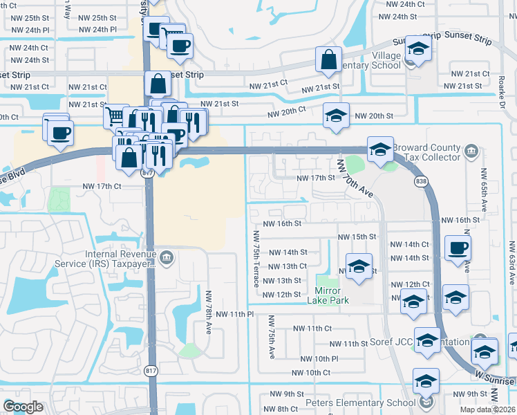 map of restaurants, bars, coffee shops, grocery stores, and more near 7501 Northwest 16th Street in Plantation