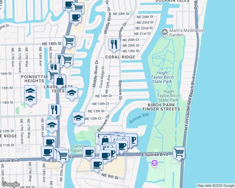 map of restaurants, bars, coffee shops, grocery stores, and more near 1353 Bayview Drive in Fort Lauderdale