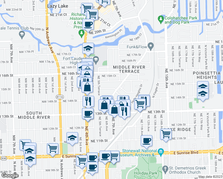 map of restaurants, bars, coffee shops, grocery stores, and more near 708 Northeast 14th Place in Fort Lauderdale