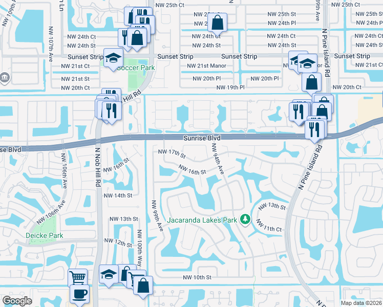 map of restaurants, bars, coffee shops, grocery stores, and more near 9690 Northwest 17th Street in Plantation