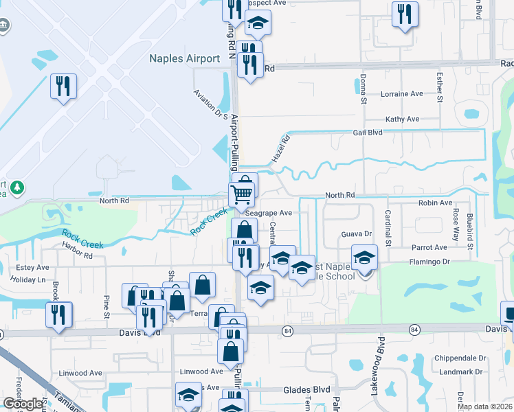 map of restaurants, bars, coffee shops, grocery stores, and more near 3430 Seagrape Avenue in Naples