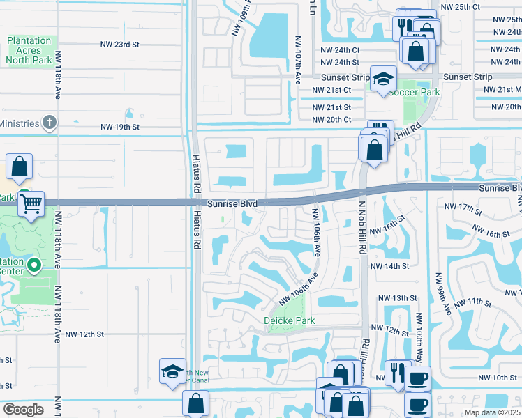 map of restaurants, bars, coffee shops, grocery stores, and more near 10900 Northwest 17th Street in Plantation
