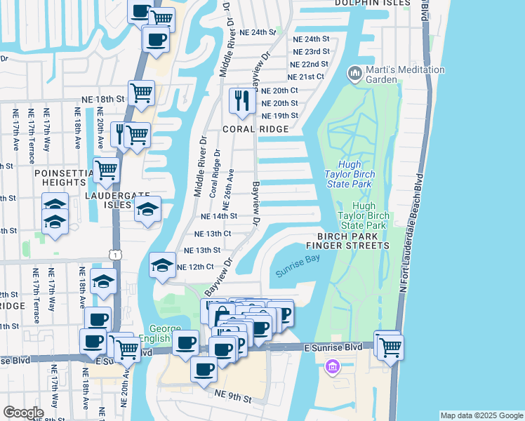 map of restaurants, bars, coffee shops, grocery stores, and more near 2710 Northeast 14th Street in Fort Lauderdale
