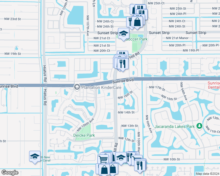 map of restaurants, bars, coffee shops, grocery stores, and more near 1681 Northwest 103rd Avenue in Plantation