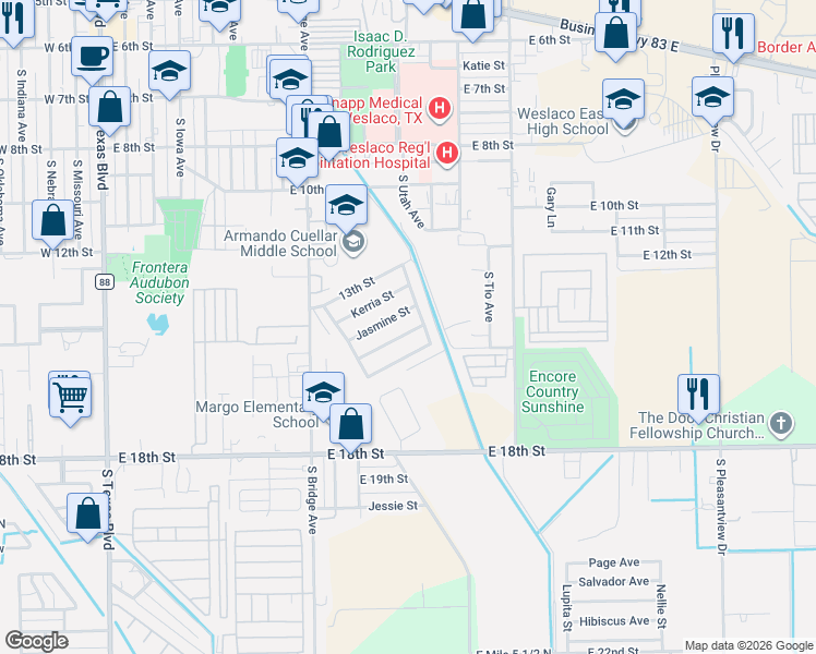 map of restaurants, bars, coffee shops, grocery stores, and more near 1212 Honey Tree Street in Weslaco