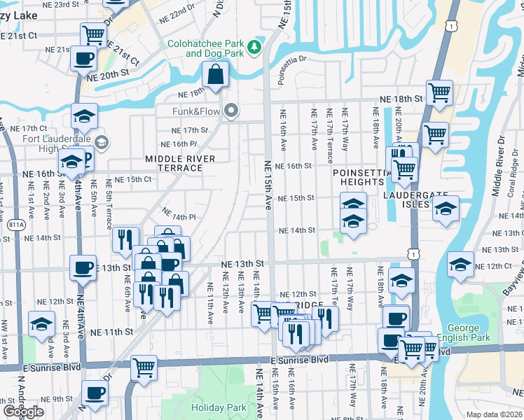 map of restaurants, bars, coffee shops, grocery stores, and more near 1327 Northeast 14th Court in Fort Lauderdale