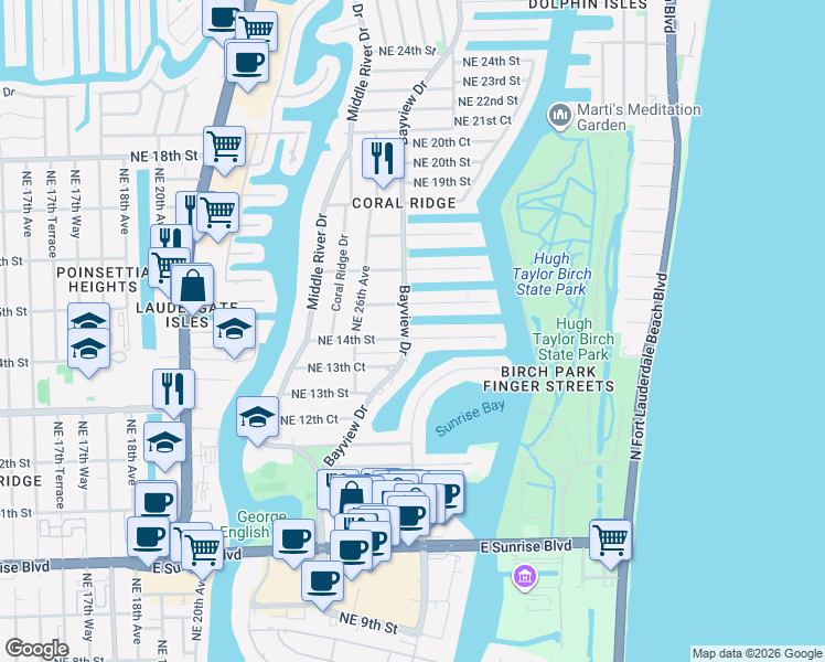 map of restaurants, bars, coffee shops, grocery stores, and more near 1353 Bayview Drive in Fort Lauderdale