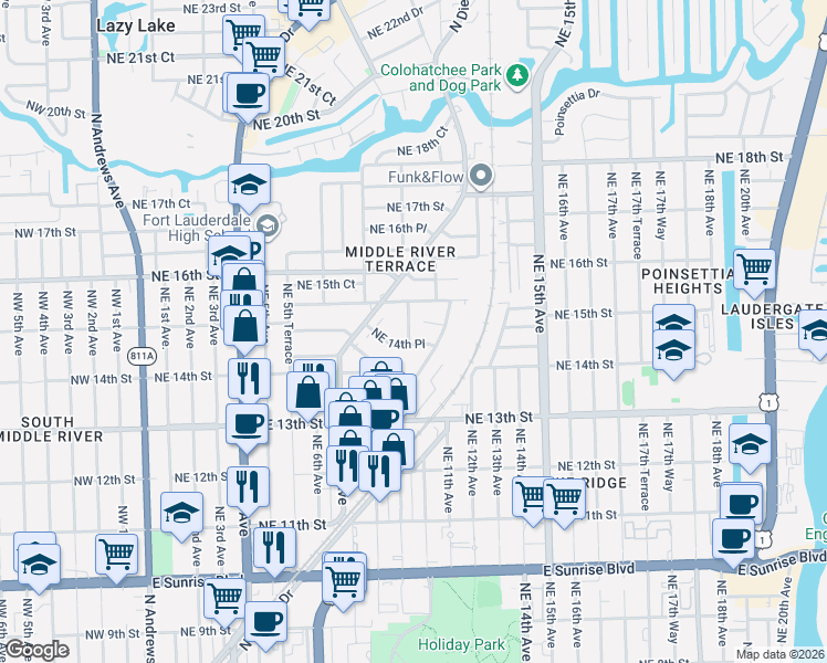 map of restaurants, bars, coffee shops, grocery stores, and more near 926 Northeast 14th Place in Fort Lauderdale