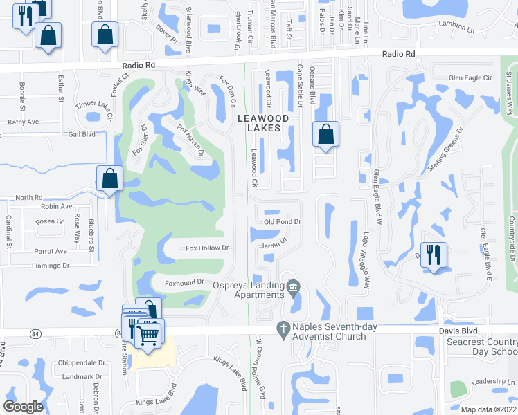 map of restaurants, bars, coffee shops, grocery stores, and more near 5019 Old Pond Drive in Naples
