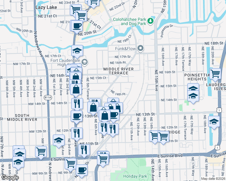 map of restaurants, bars, coffee shops, grocery stores, and more near 1400 North Dixie Highway in Fort Lauderdale
