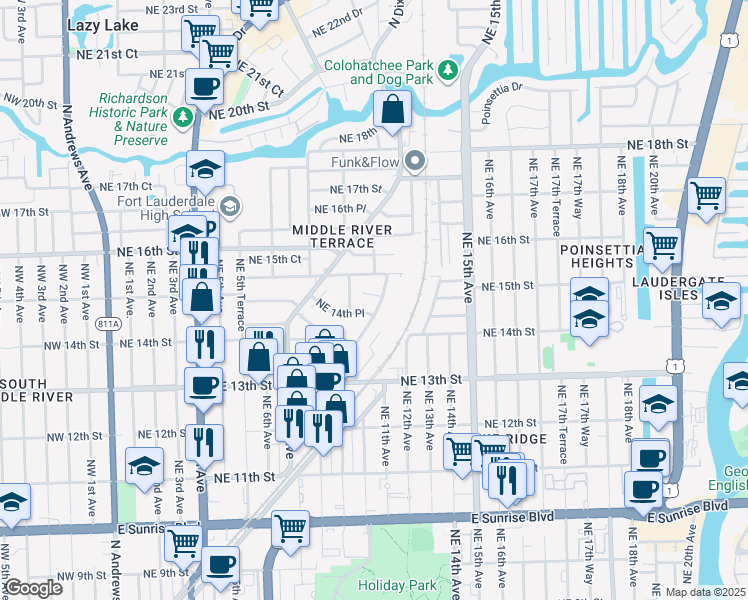 map of restaurants, bars, coffee shops, grocery stores, and more near 1430 Holly Heights Drive in Fort Lauderdale