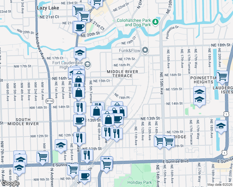 map of restaurants, bars, coffee shops, grocery stores, and more near 1400 North Dixie Highway in Fort Lauderdale