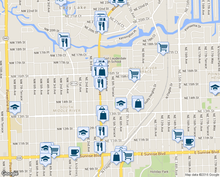map of restaurants, bars, coffee shops, grocery stores, and more near 1425 Northeast 5th Terrace in Fort Lauderdale