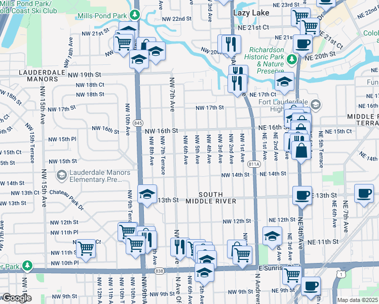map of restaurants, bars, coffee shops, grocery stores, and more near 1433 Northwest 5th Avenue in Fort Lauderdale