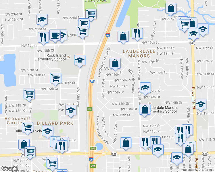 map of restaurants, bars, coffee shops, grocery stores, and more near 1500 Northwest 19th Avenue in Fort Lauderdale