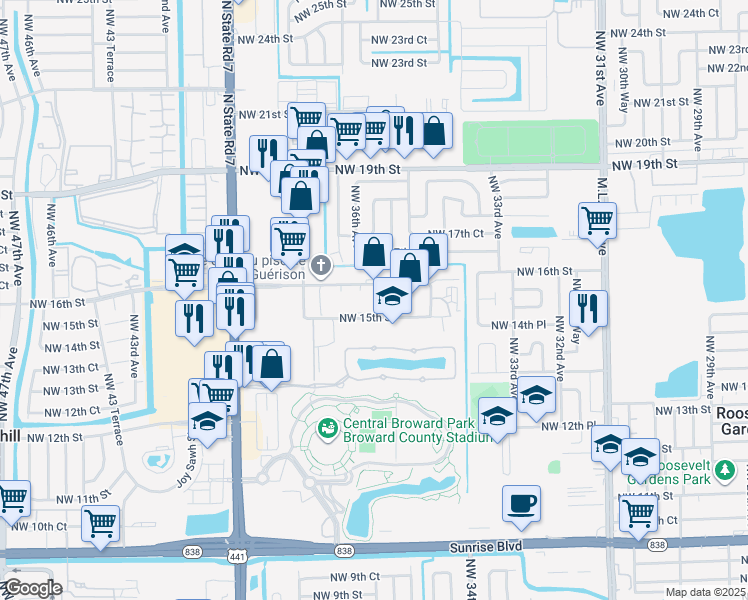 map of restaurants, bars, coffee shops, grocery stores, and more near 3551 Northwest 15th Street in Lauderhill