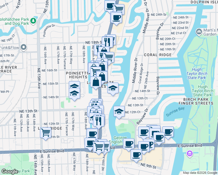 map of restaurants, bars, coffee shops, grocery stores, and more near 2014 Northeast 14th Court in Fort Lauderdale