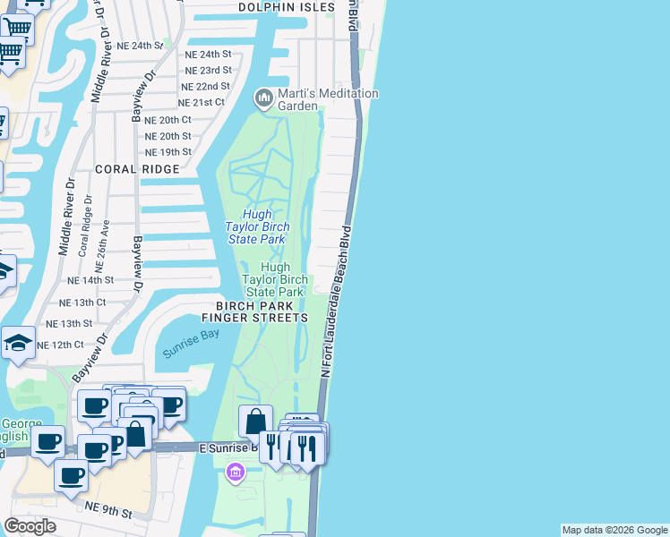 map of restaurants, bars, coffee shops, grocery stores, and more near 3350 Northeast 14th Court in Fort Lauderdale