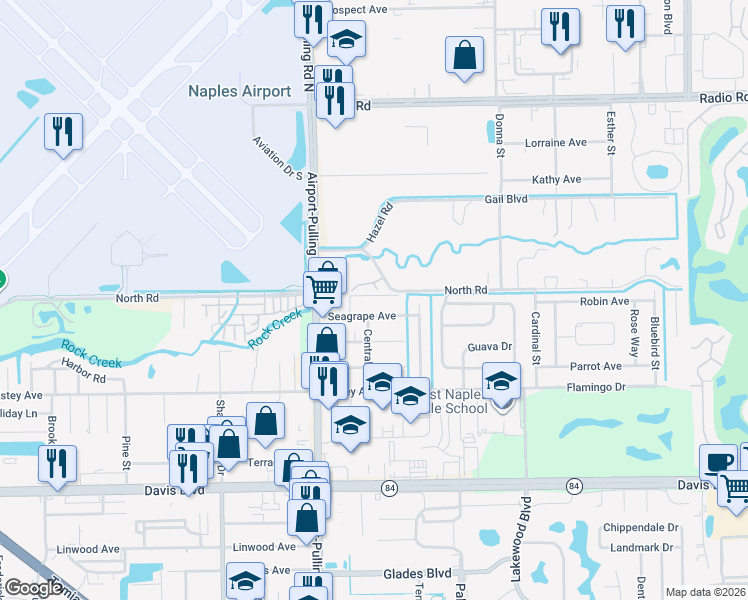 map of restaurants, bars, coffee shops, grocery stores, and more near 3586 Seagrape Avenue in Naples