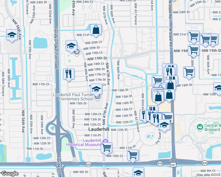 map of restaurants, bars, coffee shops, grocery stores, and more near 1521 Northwest 46th Avenue in Lauderhill