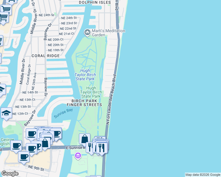 map of restaurants, bars, coffee shops, grocery stores, and more near 3350 Northeast 14th Court in Fort Lauderdale