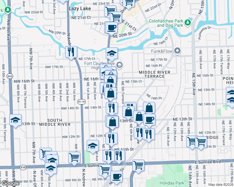 map of restaurants, bars, coffee shops, grocery stores, and more near 1438 Northeast 5th Avenue in Fort Lauderdale