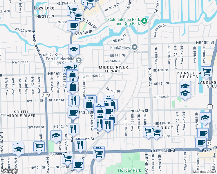 map of restaurants, bars, coffee shops, grocery stores, and more near 926 Northeast 14th Place in Fort Lauderdale