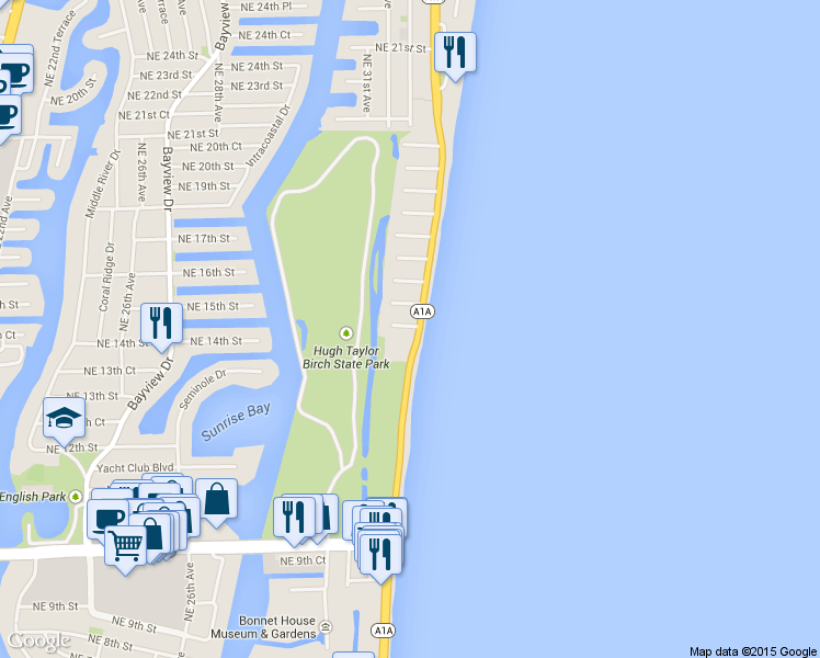 map of restaurants, bars, coffee shops, grocery stores, and more near 3350 Northeast 14th Court in Fort Lauderdale