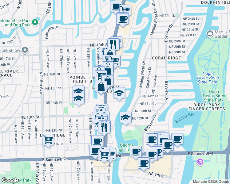 map of restaurants, bars, coffee shops, grocery stores, and more near 2014 Northeast 14th Court in Fort Lauderdale