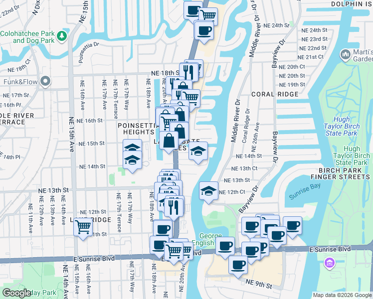 map of restaurants, bars, coffee shops, grocery stores, and more near 2014 Northeast 14th Court in Fort Lauderdale