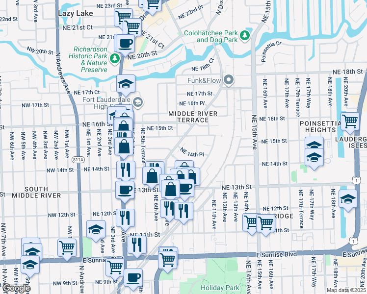 map of restaurants, bars, coffee shops, grocery stores, and more near 1400 North Dixie Highway in Fort Lauderdale
